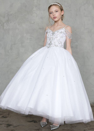 Beaded White Tulle Drop Waist Flower Girl Dress